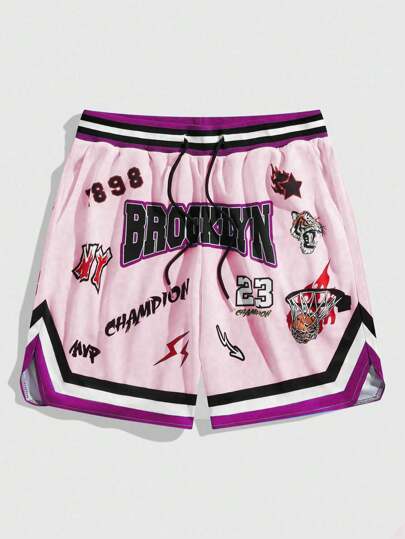 Prep Herren sportliche Shorts mit Buchstaben-Muster, Kordelzug in der Taille, locker geschnitten, Lässig