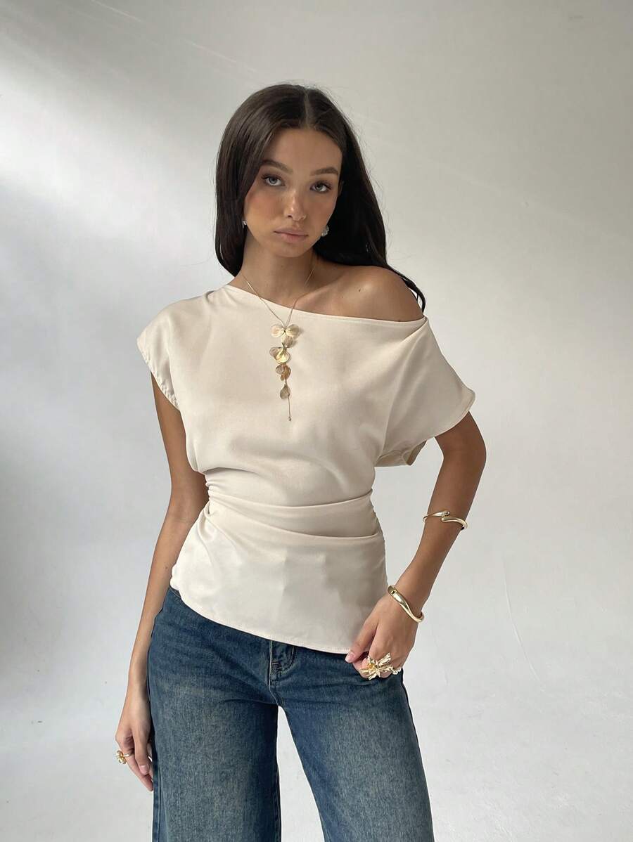 Aloruh 女士优雅通勤纯色不对称衬衫 - 杏色 - 查看 1