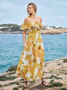 MOTF PREMIUM WOMEN'S LINEN FLORAL PRINT OFF SHOULDER MAXI DRESS, SUMMER VACATION - Multicolor - View 4