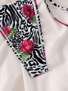 SHEIN Swim Leopard Print Rose Print Women's Bikini Sexy Strap Swimsuit Set - Multicolor - View 5