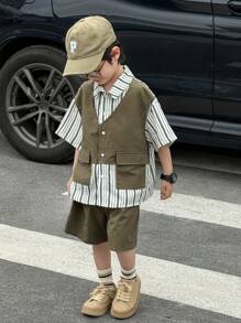 2 件装年轻男孩休闲运动学院街头日韩宽松版2合1翻领衬衫短裤返校 - 綠色 - 查看 3