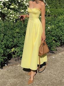 INAWLY Women's Solid Color Ruched Bandeau Dress, Vacation Style - Yellow - View 1