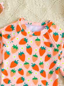SHEIN Young Girls Long Sleeve Swimwear Set,2pcs Ditsy Floral Rash Guard&Ruffle Trim Shorts Bikini,Cute Rococo Style Swimming Suit For Summer,Beach,Holiday - Pink - View 5