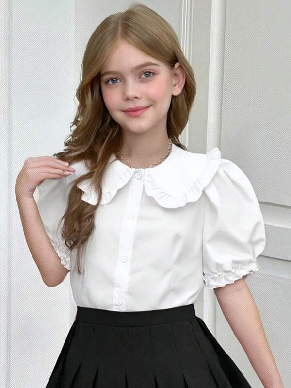 Wildeya Blusa blanca con cuello con volantes, cintura fruncida y mangas abullonadas para niña preadolescente, informal y elegante para ocasiones, vacaciones y escuela, primavera/verano/otoño