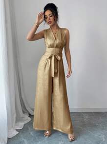 Elenzga Women's Woven Gold Loose Deep V-Neck Jumpsuit With Pockets And Belt, Suitable For Parties, Music Festivals, Eid, Weddings, Summer - Coffee Brown - View 1
