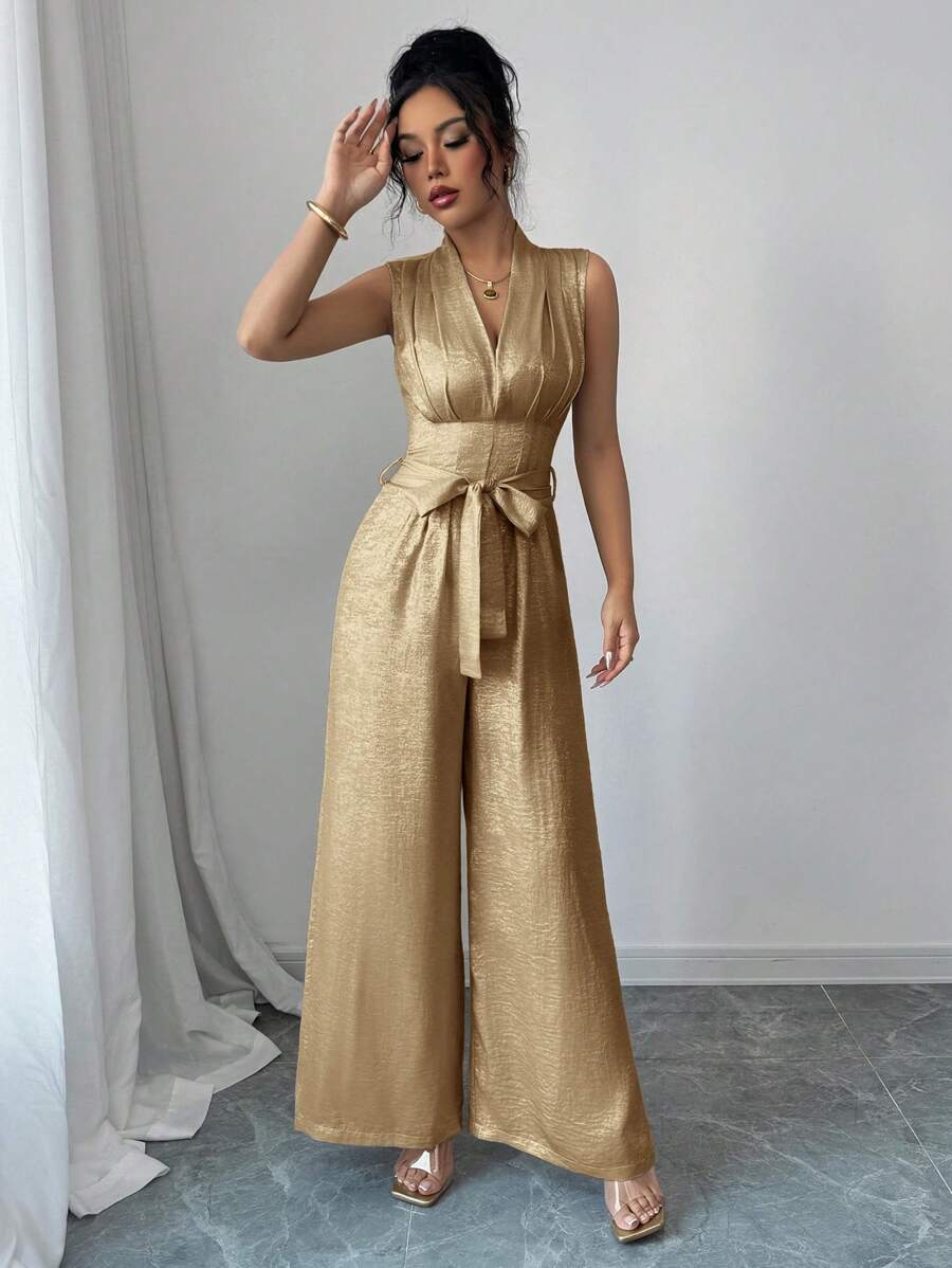 Elenzga Women's Woven Gold Loose Deep V-Neck Jumpsuit With Pockets And Belt, Suitable For Parties, Music Festivals, Eid, Weddings, Summer - Coffee Brown - View 1