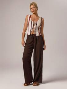 SHEIN Forever 21 Ropa de playa/ropa de verano/conjuntos para vacaciones en la playa/vestido para té de verano/conjuntos informales de verano para mujer/pantalón de tela marrón con cintura elástica
