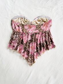 Soleia Crop top da donna con stampa leopardata e floreale, senza spalline, arricciato, con laccio sulla parte anteriore e volant sul fondo, ideale per feste, appuntamenti, tè del pomeriggio, viaggi in città e spiaggia