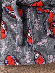 SHEIN Bata de baño con capucha a prueba de llamas con estampado de superhéroe para niño, de doble cara de franela, para otoño/invierno - Gris - Ver 3