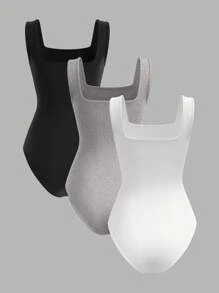 SHEIN BASICS 3pcs Casual Solid Color Knit Square Neck Open Shoulder Fitted Bodysuit For Women - Multicolor - View 2