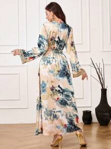 Al Najma Women's Tie-Dye Print Long Sleeve Dress, Modest Kaftan - Teal Blue - View 2