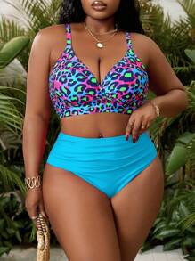 Slaydiva Plus Size 2pcs/Set Women Colorful Leopard Print Top With Magenta Pants Swimsuit, Poolside & Beach Vacation Outfits For Summer