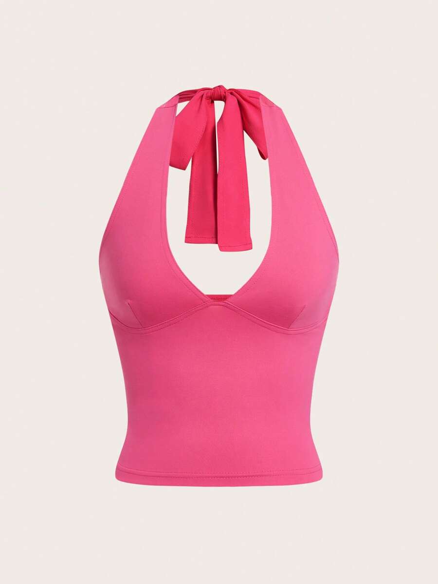 SHEIN EZwear Áo ba lỗ cổ chữ V thời trang ôm vừa vặn màu trơn Y2K dành cho nữ - Màu Hồng Tươi - Xem 1