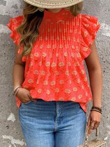 Breezaya 大码女式节日花卉印花立领荷叶边袖褶皱衬衫 - 彩色 - 查看 1