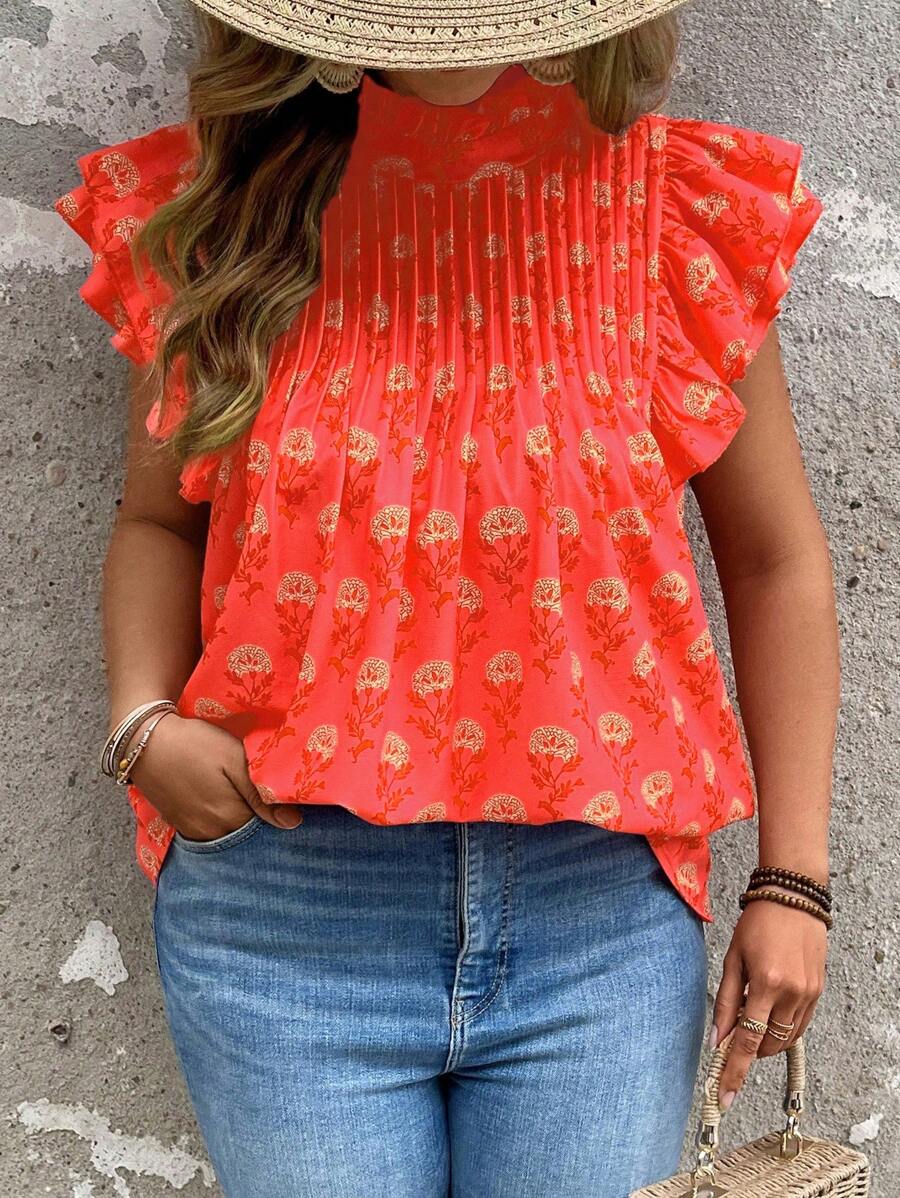 Breezaya 大码女式节日花卉印花立领荷叶边袖褶皱衬衫 - 彩色 - 查看 1