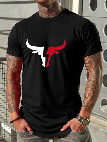 Manfinity LEGND Men's Bull Head Print Round Neck Short Sleeve Casual T-Shirt