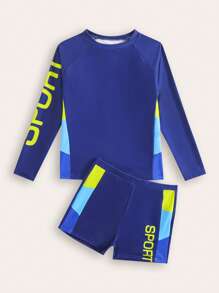 New Fashionable Tween Boys' Letter Print Rash Guard And Shorts Swimwear Set - Multicolor - View 1