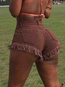 SHEIN SXY Fashionable Sexy Fringes Hem Mini Denim Shorts - Coffee Brown - View 3