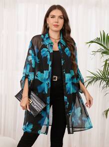 SHEIN Clasi Blusa holgada con estampado floral, manga con volantes y talla grande para vacaciones de mujer