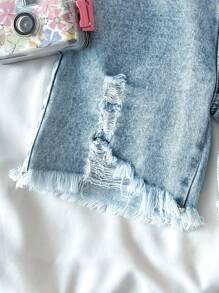 SHEIN Young Girl 2025 New Y2k Light Blue Distressed Frayed Denim Middle Pants - Light Wash - View 6