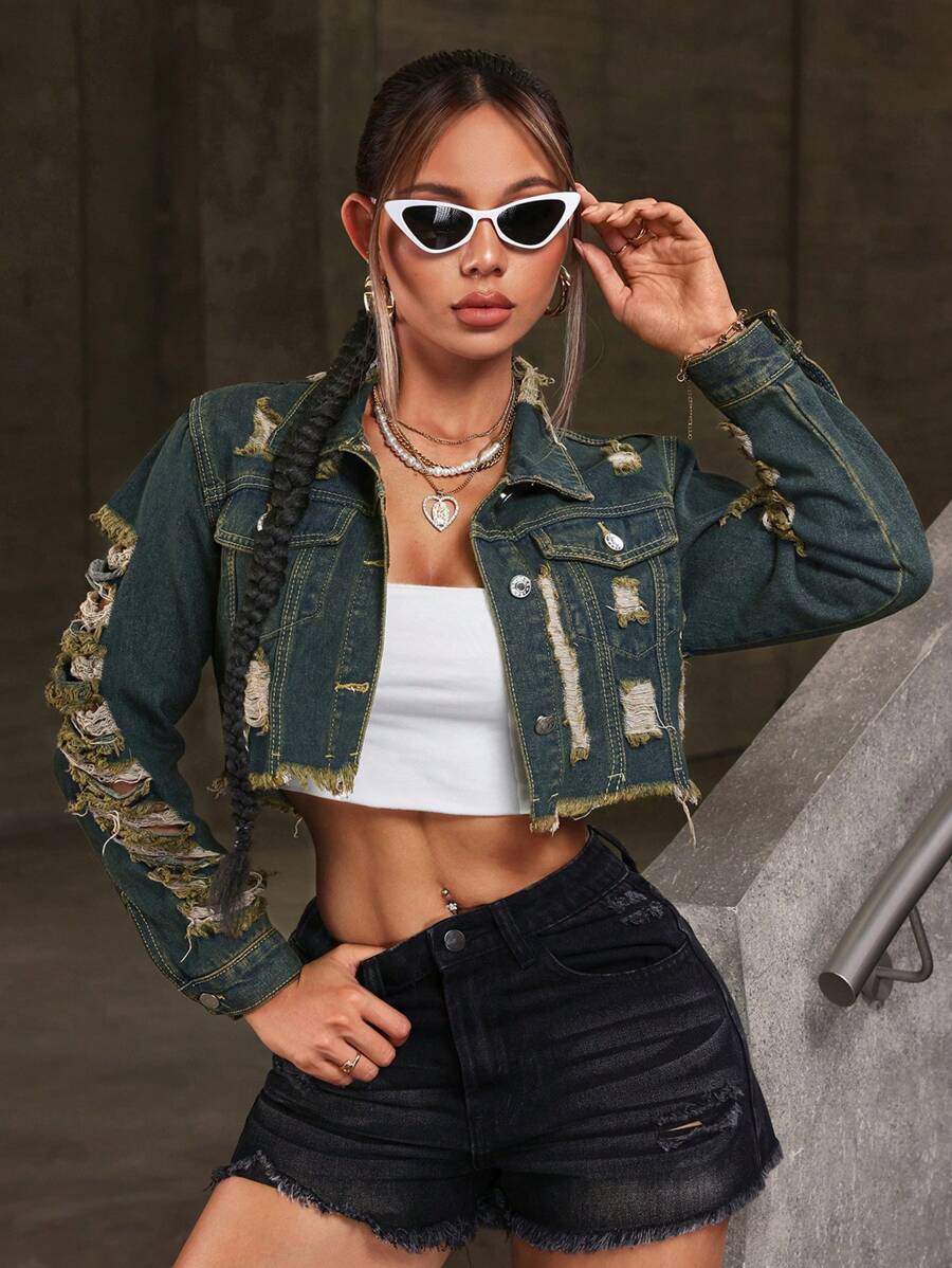 SHEIN ICON Fashionable Casual Destroyed Frayed Front Button Denim Jacket, Short Style - Dark Wash - View 1