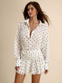 SHEIN BAE Solid White Polka Dot Long Sleeve Sheer Chiffon Dress, Vacation Dress, Chiffon Dress, White Graduation Dress, Little White Dress, Spring/Summer,Polka Dot Dress