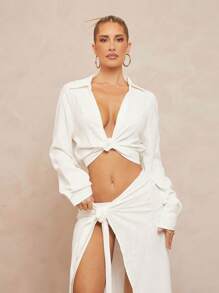 Lumalex Collared Loose Tie Waist High Slit Women Multi-Piece Set - White - View 5