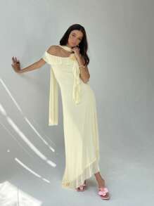 Aloruh Váy trễ vai màu vàng thanh lịch đính hoa, dáng ôm với chất liệu vải thanh thoát, phong cách nghỉ dưỡng - Màu vàng - Xem 6