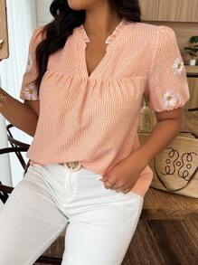 Weeklong 大码条纹雏菊印花褶皱荷叶边拼接衬衫 - 橘色 - 查看 1