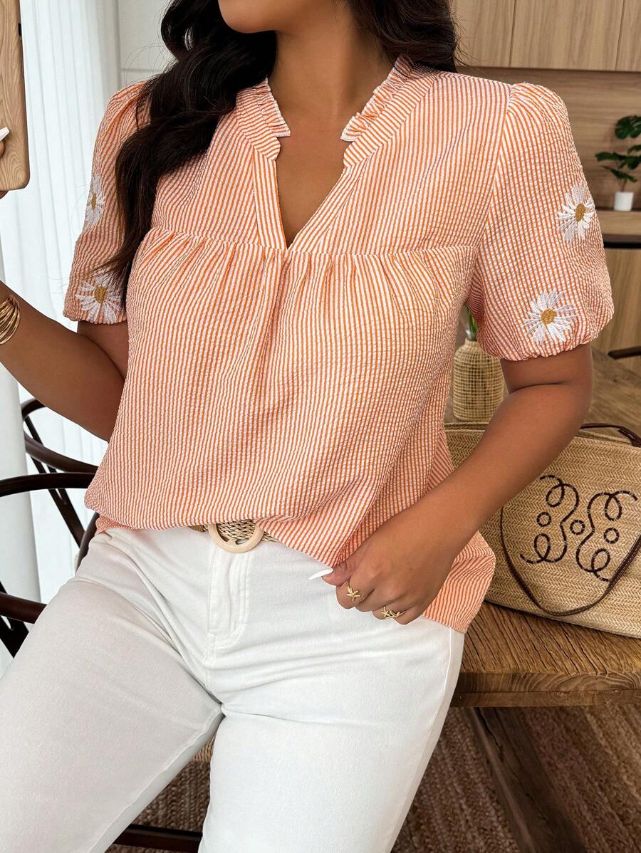 Weeklong 大码条纹雏菊印花褶皱荷叶边拼接衬衫 - 橘色 - 查看 1