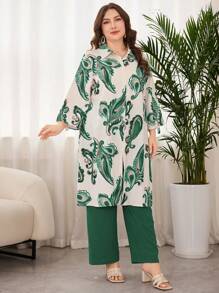 Lacomfia Elegant Style Digital Print Plus Size 2pcs Set - Green - View 6