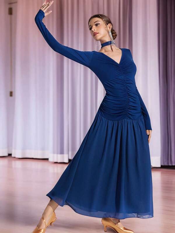 Dansine Ballroom Dance Dresses Extra Voluminous Skirt With Long Sleeve Crinkle Women's Dance Dress