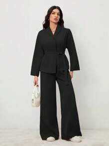 SHEIN Tall 优雅休闲度假/通勤女士领口系带宽松紧身衣搭配高腰软裤，适合秋季和夏季 - 黑色 - 查看 4