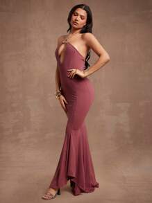 Hauture Vestido con escote halter, adorno de volantes y borde con corte de metal dorado, estilo sirena - Rosa Roja - Ver 3