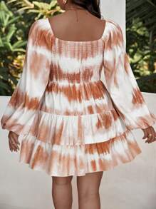 Flirla Vestido con manga linterna, frente anudado y estampado tie-dye para mujer talla grande - Caqui - Ver 2