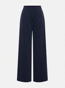 Girlism Teen Girls Back To School, Campus, Navy & White Striped Thin Blazer Top And Low Waist Suit Pants 2 Pieces Set