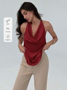 Aloruh Minimalist Commuting Choker Neck Form-Fitting Chic Camisole For Women,Rave Top - Burgundy - View 8