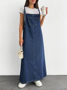 EURMUSE WOMEN LONG DENIM DRESS POCKET DETAILED - Dark Wash - View 4