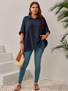 EMERY ROSE Plus Size Women's Solid Color Batwing Sleeve Loose Single-Breasted Casual Shirt,Vacation Woman,Summer - Navy Blue - View 3