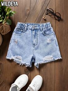 SHEIN Tween Girls' Light Blue Distressed Frayed Waistband Casual Washed Denim Shorts, School, Campus, College