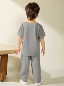 Bộ 2 áo phông tay ngắn thường ngày và quần dài cho bé trai, phù hợp cho hoạt động ngoài trời, trường học, tụ tập hàng ngày, mùa xuân/hè - Xám - Xem 2
