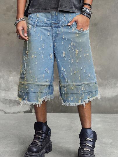 Men's Grunge Distressed Dual-Waistband 3/4 Length Baggy Denim Shorts