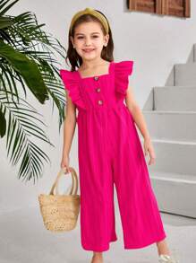 Girls One-Shoulder Cap Sleeve Front Open Placket Straight Leg Casual Jumpsuit, Simple & Versatile For Summer Commuting - Hot Pink - View 1