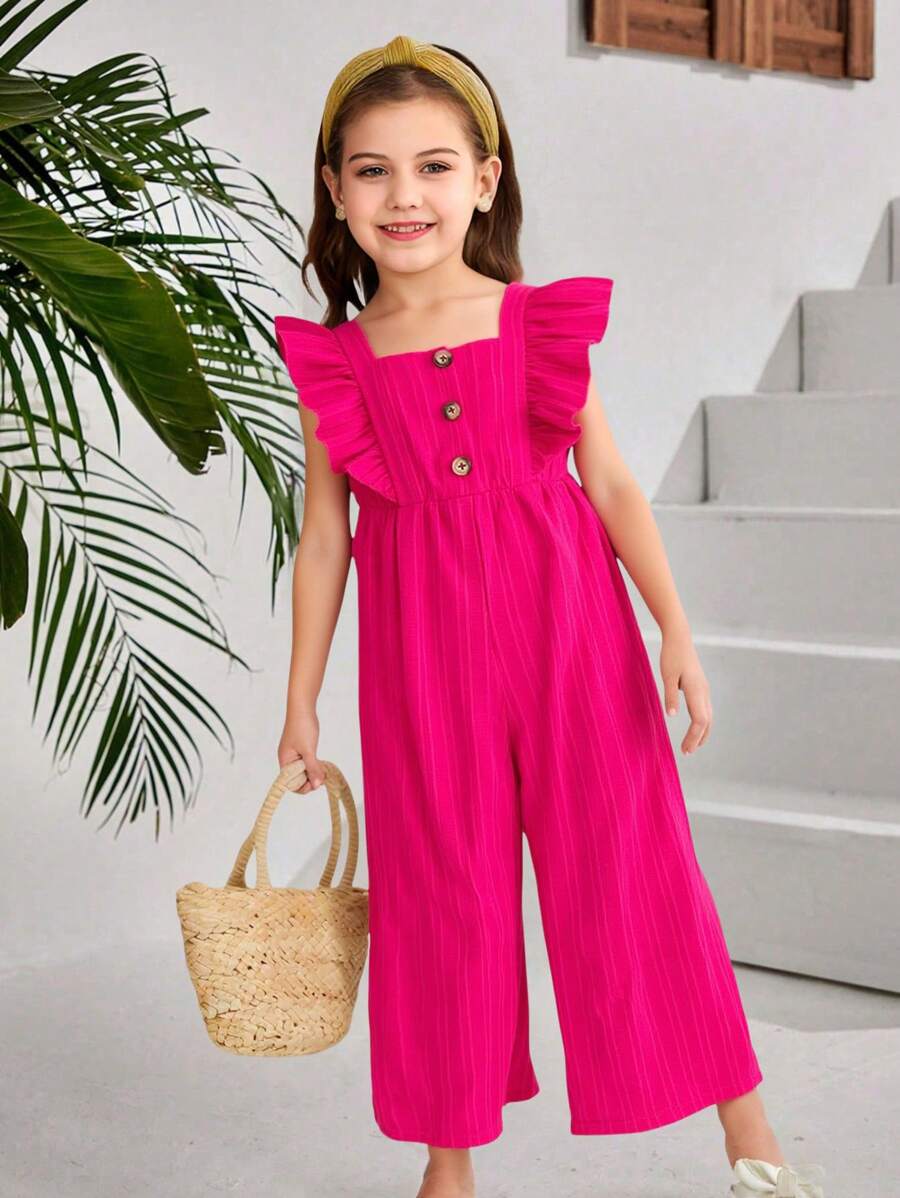 Girls One-Shoulder Cap Sleeve Front Open Placket Straight Leg Casual Jumpsuit, Simple & Versatile For Summer Commuting - Hot Pink - View 1