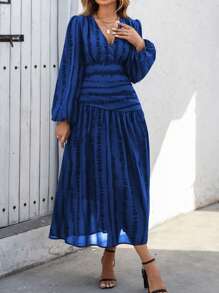 SHEIN Clasi Abito da donna elegante alla francese a maniche a lanterna con scollo a V incrociato, vita arricciata e linea ad A, in fantasia zebrata, adatto per la stagione primavera/autunno/inverno