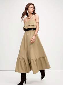 SHEIN LUNE Váy ống dài thường ngày viền bèo nhún cho nữ - Màu Khaki - Xem 1