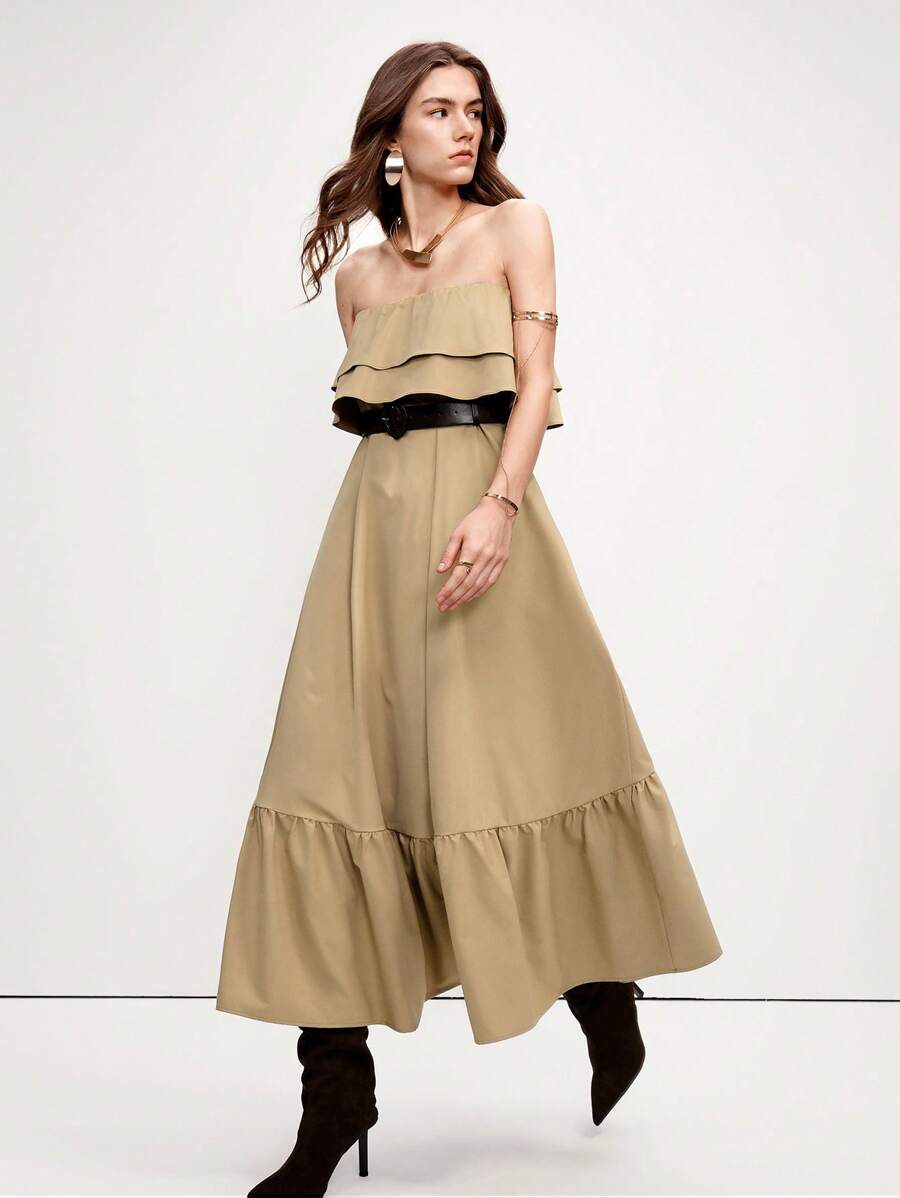 SHEIN LUNE Váy ống dài thường ngày viền bèo nhún cho nữ - Màu Khaki - Xem 1