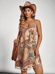 SHEIN VCAY Plus Size Summer Casual Loose Strap Dress,Boho Women Clothing Western Clothes For Women Country Outfits Women Sundresses For Vacation Tassels - Multicolor - View 3