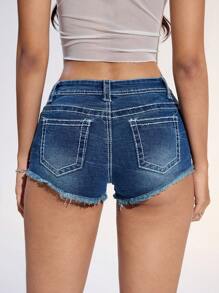 SHEIN EZwear 女士休闲侧袋磨边牛仔短裤，百搭 - 藍色 - 查看 2