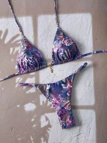 Elavelle Women's Summer Animal Print Patchwork Random Starfish Metal Pendant Sexy Spaghetti Strap Bikini Swimwear Set - Multicolor - View 3